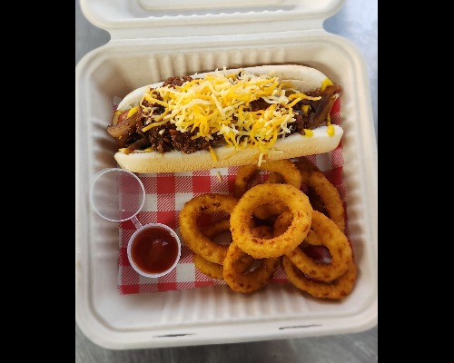Soul Food Feature "Jumbo Chicago Chilli Cheese Hot Dog, served with Onion Rings"