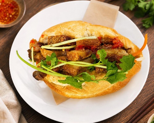 Banh Mi Crispy Pork (Vietnamese baguette sandwich crispy pork)