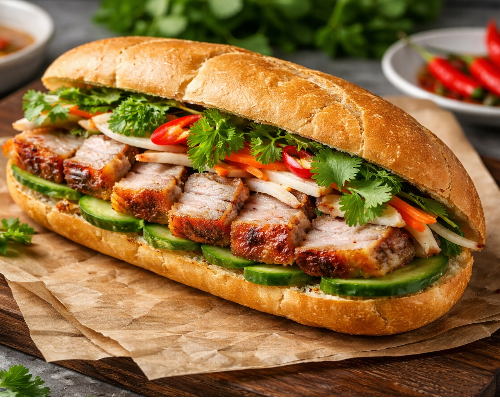 Banh Mi Crispy Pork (Vietnamese baguette sandwich crispy pork)