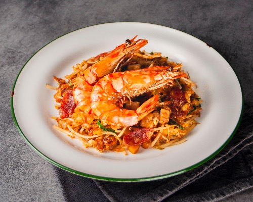 Duck Egg Char Kway Teow with Jumbo Prawns