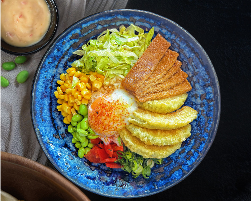 Rice Bowl - Tempura Pumpkin & Sweet Tofu with Sweet Chilli Mayo (V)