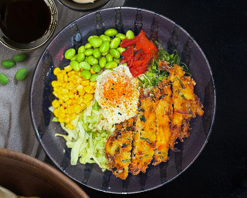 Rice Bowl - Tempura Veggie Pancake with Teriyaki & Mayo Sauce (V)
